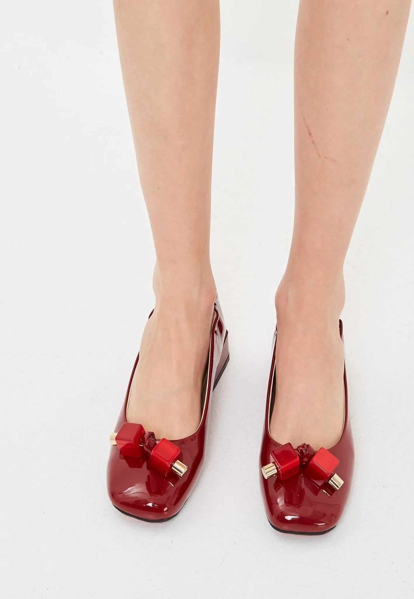 Patent Leather Embellished Ballet Flats- Red