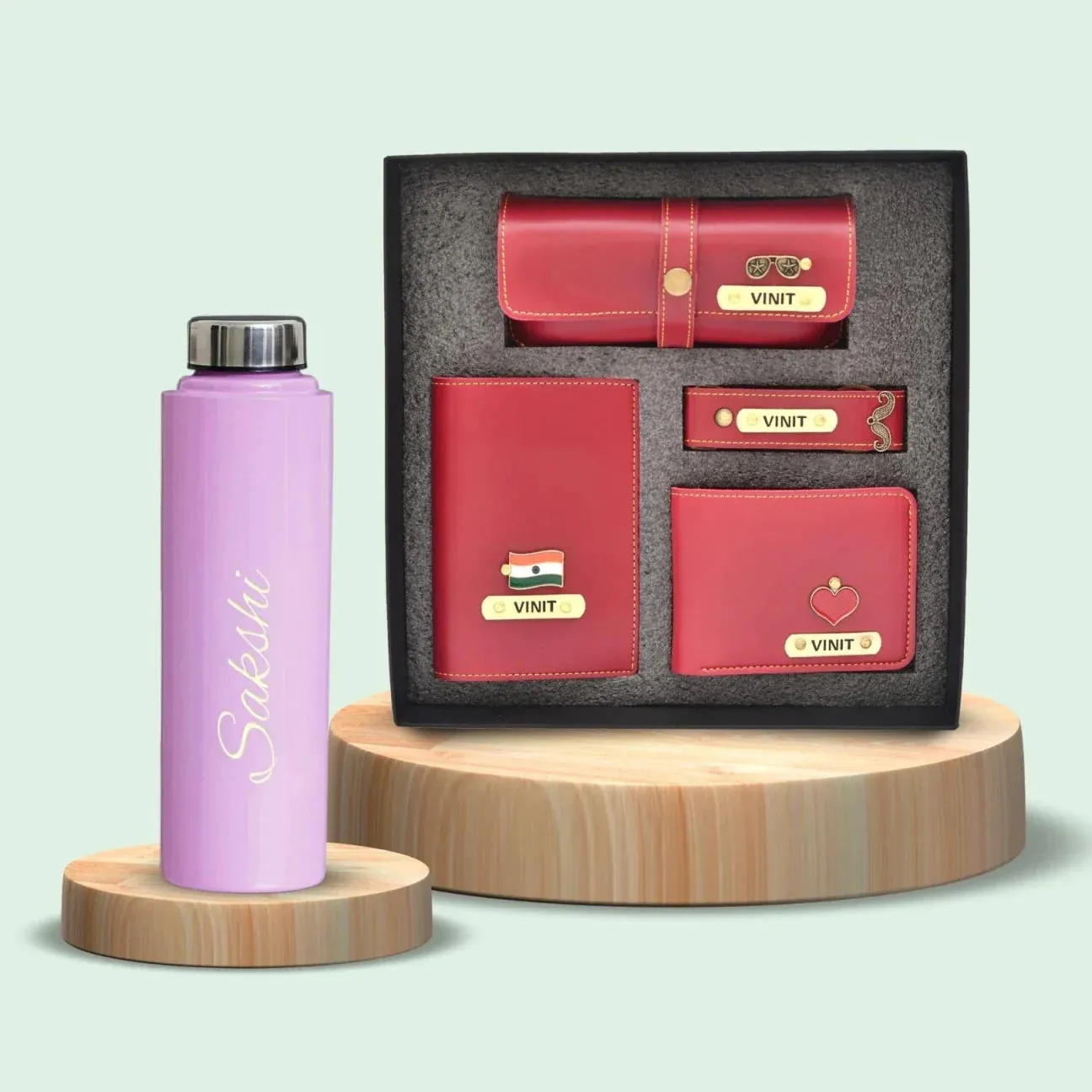 Personalised Pink Classic Smart Bottle (1 Litre) & All in One Men's Combo (4 pcs) - Wine