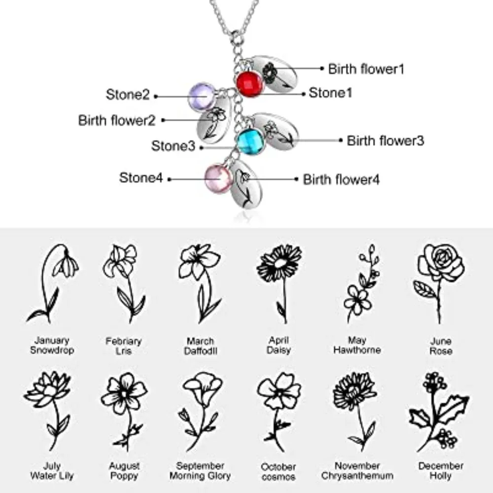 Personalized 4 Birthstones And Flowers Pendant