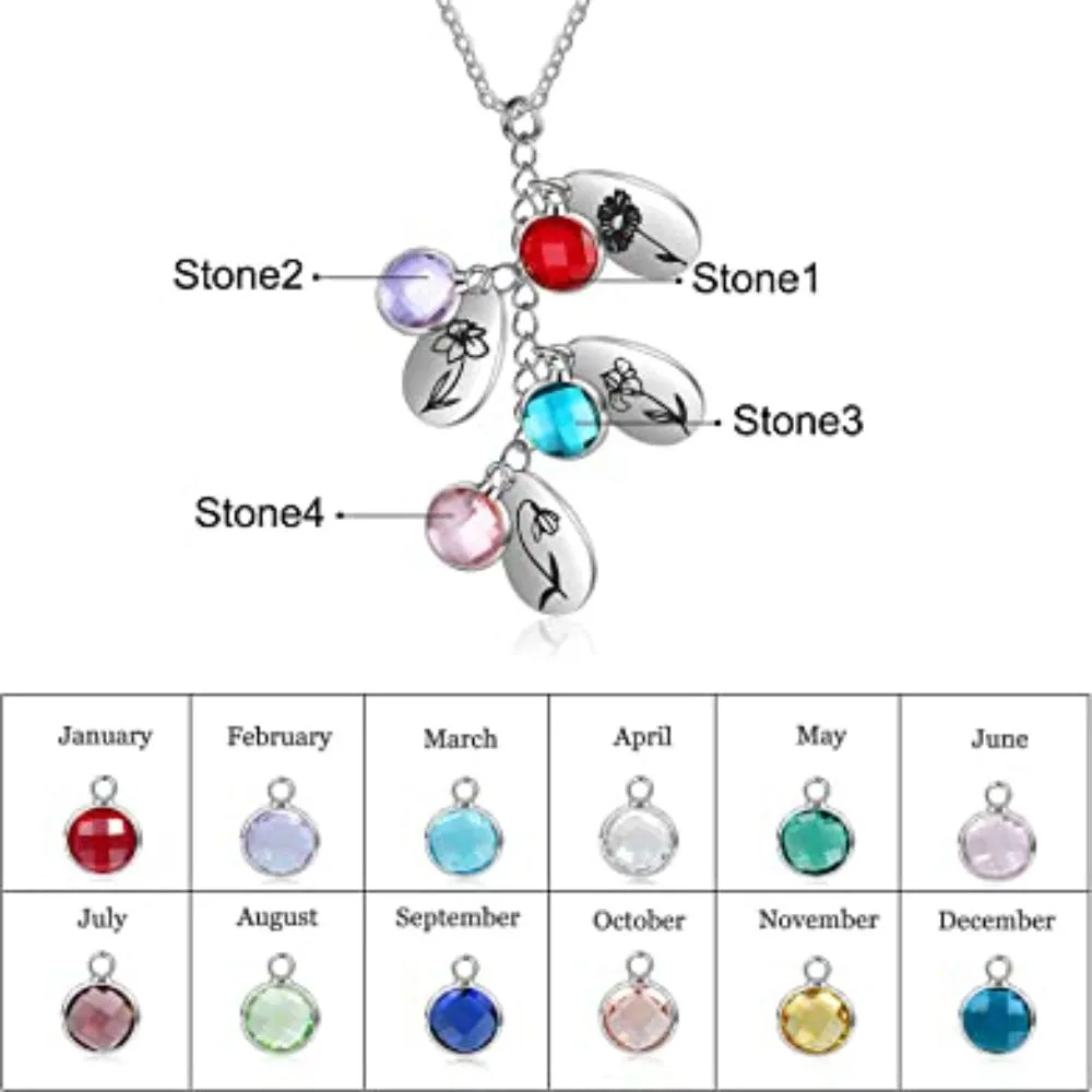 Personalized 4 Birthstones And Flowers Pendant