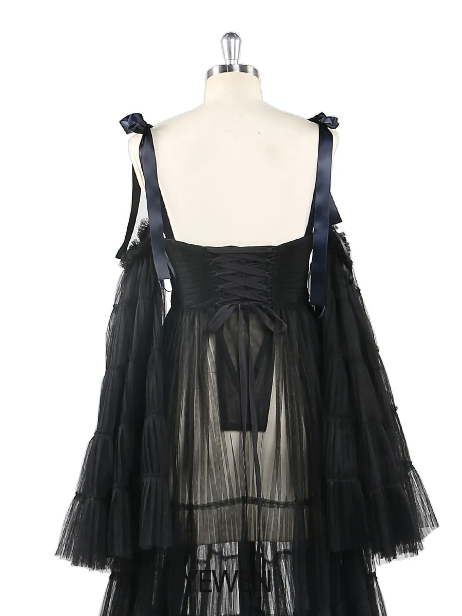 Pleated Tulle Maternity Dress for Photo Shoots Big Flare Sleeves Photoshoot Dresses for Ladies YEWEN YW21025