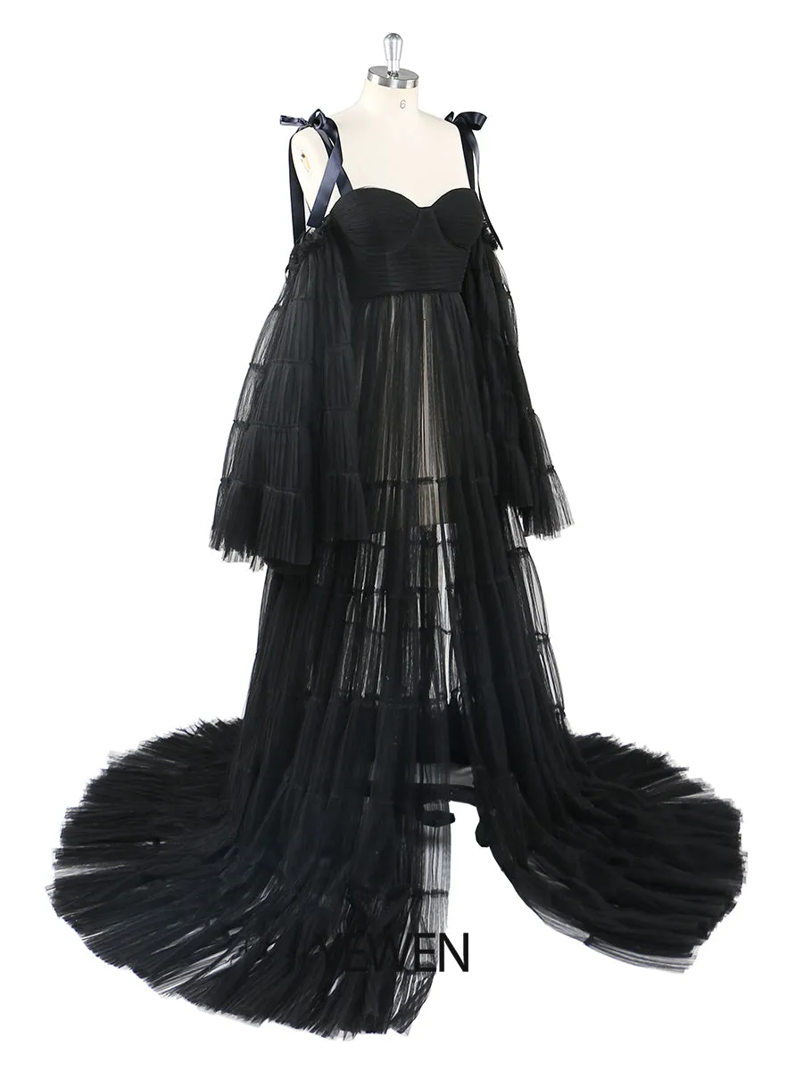 Pleated Tulle Maternity Dress for Photo Shoots Big Flare Sleeves Photoshoot Dresses for Ladies YEWEN YW21025