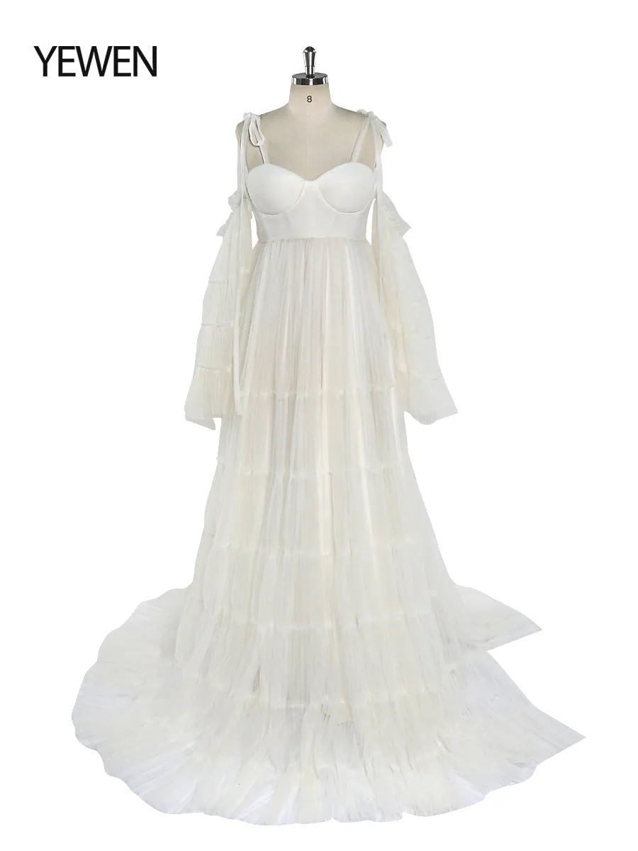 Pleated Tulle Maternity Dress for Photo Shoots Big Flare Sleeves Photoshoot Dresses for Ladies YEWEN YW21025