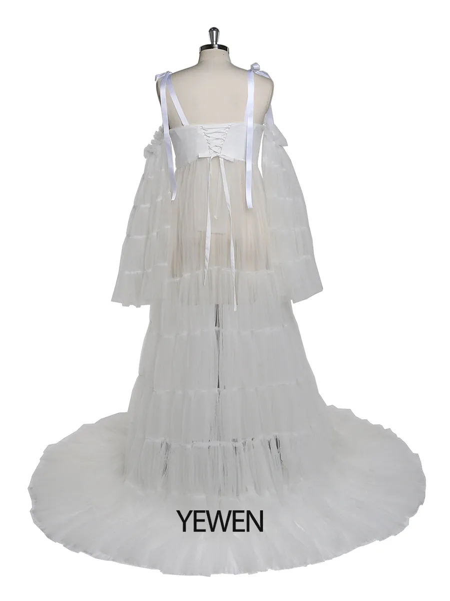 Pleated Tulle Maternity Dress for Photo Shoots Big Flare Sleeves Photoshoot Dresses for Ladies YEWEN YW21025