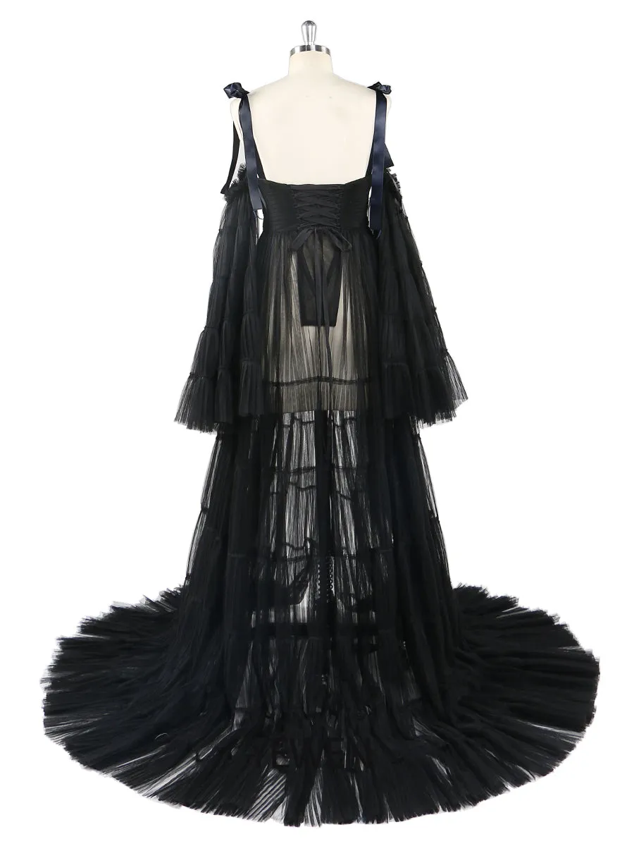Pleated Tulle Maternity Dress for Photo Shoots Big Flare Sleeves Photoshoot Dresses for Ladies YEWEN YW21025