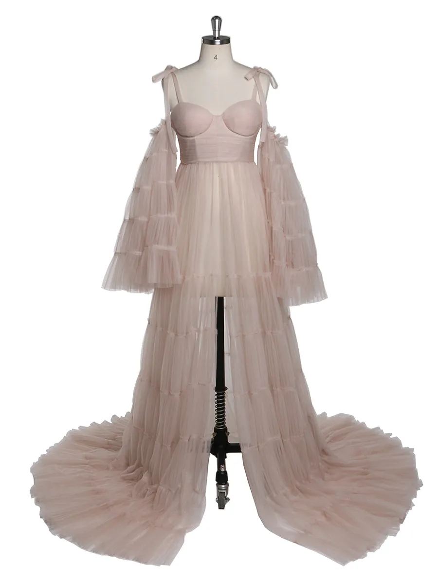 Pleated Tulle Maternity Dress for Photo Shoots Big Flare Sleeves Photoshoot Dresses for Ladies YEWEN YW21025