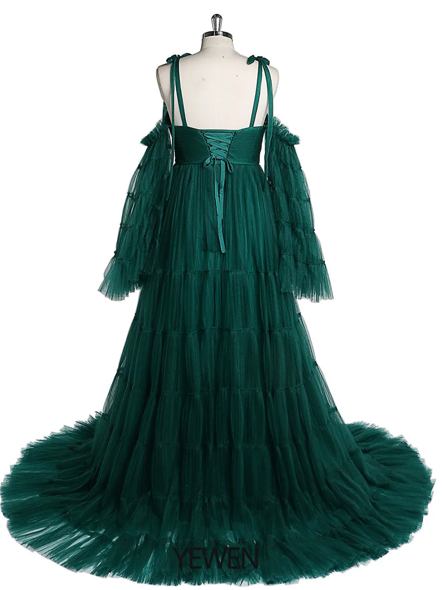 Pleated Tulle Maternity Dress for Photo Shoots Big Flare Sleeves Photoshoot Dresses for Ladies YEWEN YW21025