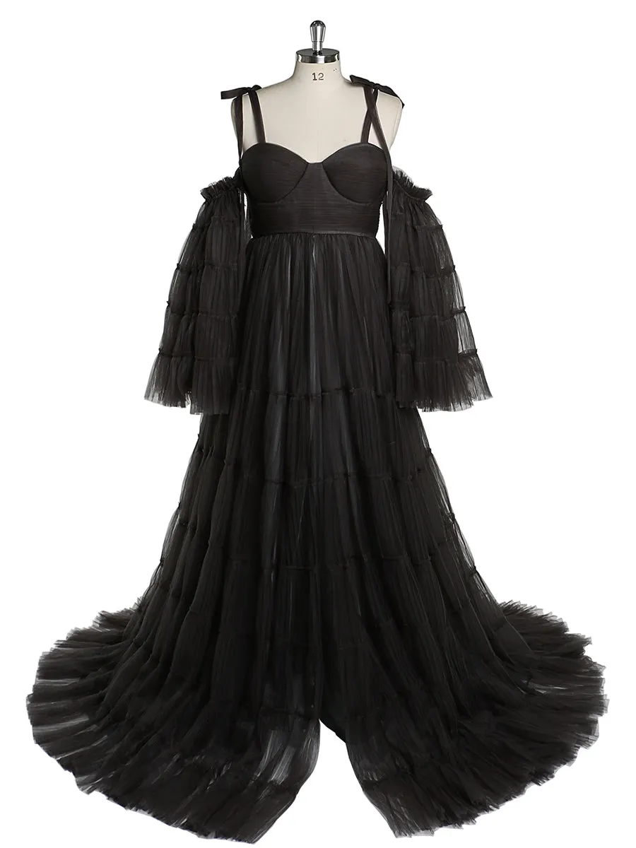 Pleated Tulle Maternity Dress for Photo Shoots Big Flare Sleeves Photoshoot Dresses for Ladies YEWEN YW21025