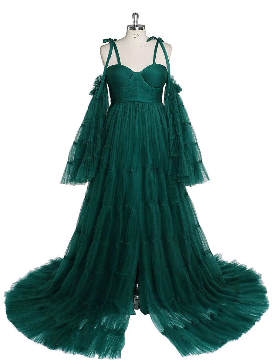 Pleated Tulle Maternity Dress for Photo Shoots Big Flare Sleeves Photoshoot Dresses for Ladies YEWEN YW21025