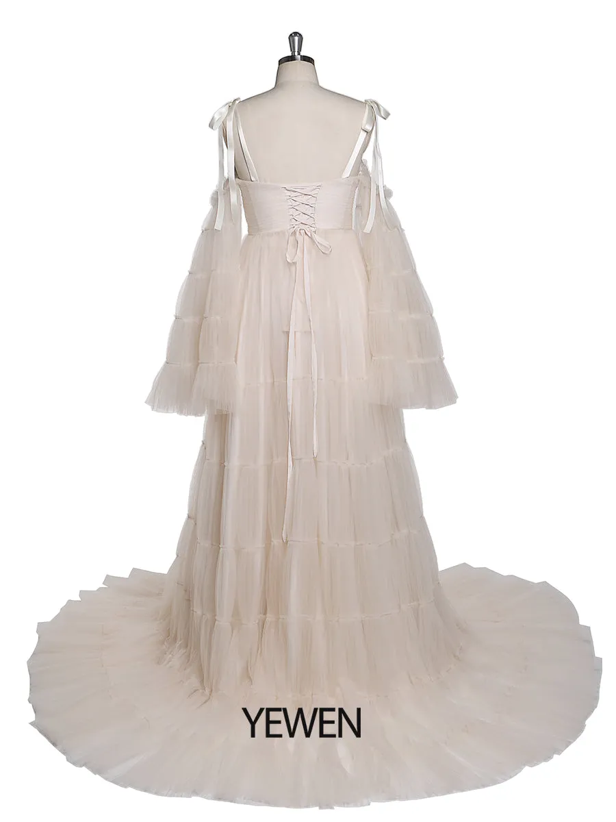 Pleated Tulle Maternity Dress for Photo Shoots Big Flare Sleeves Photoshoot Dresses for Ladies YEWEN YW21025