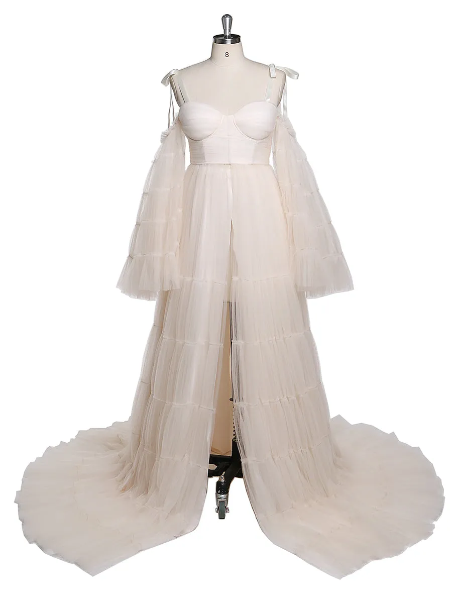 Pleated Tulle Maternity Dress for Photo Shoots Big Flare Sleeves Photoshoot Dresses for Ladies YEWEN YW21025