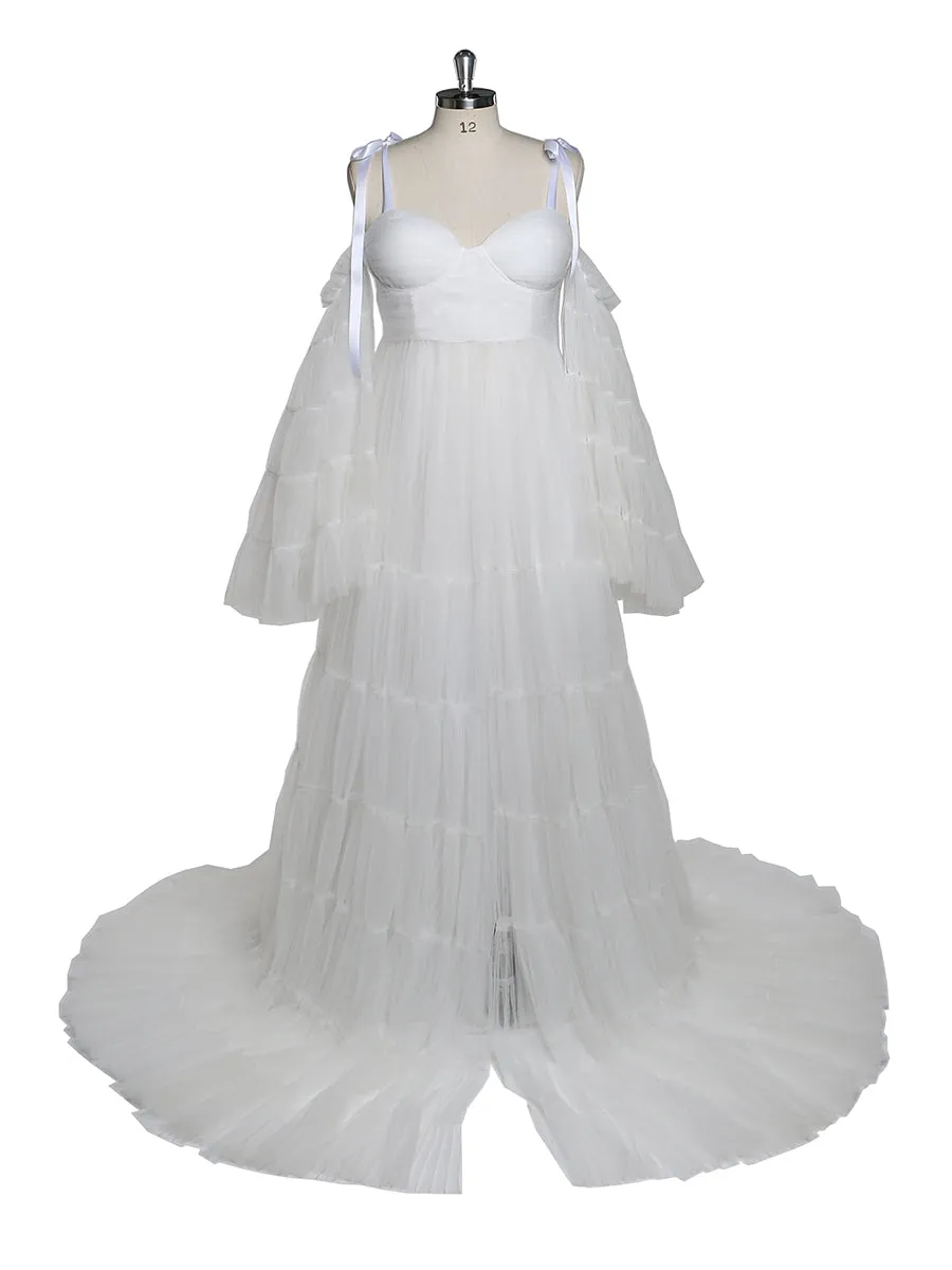 Pleated Tulle Maternity Dress for Photo Shoots Big Flare Sleeves Photoshoot Dresses for Ladies YEWEN YW21025