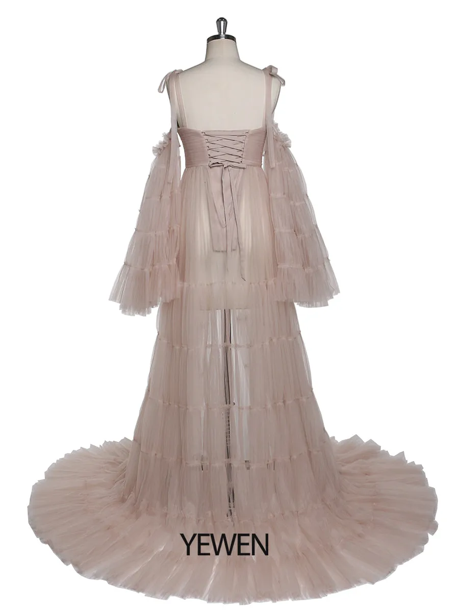 Pleated Tulle Maternity Dress for Photo Shoots Big Flare Sleeves Photoshoot Dresses for Ladies YEWEN YW21025