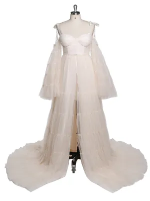 Pleated Tulle Maternity Dress for Photo Shoots Big Flare Sleeves Photoshoot Dresses for Ladies YEWEN YW21025