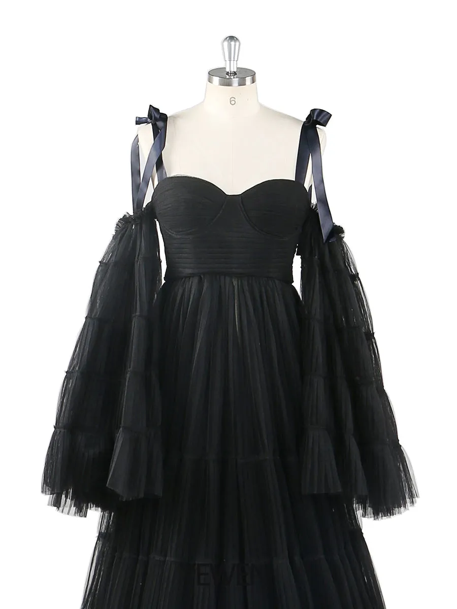 Pleated Tulle Maternity Dress for Photo Shoots Big Flare Sleeves Photoshoot Dresses for Ladies YEWEN YW21025