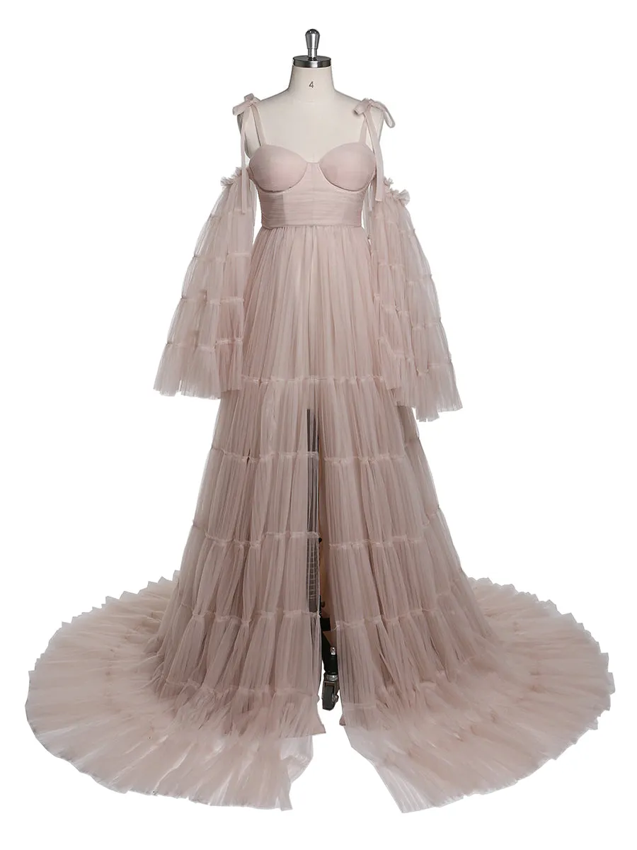 Pleated Tulle Maternity Dress for Photo Shoots Big Flare Sleeves Photoshoot Dresses for Ladies YEWEN YW21025