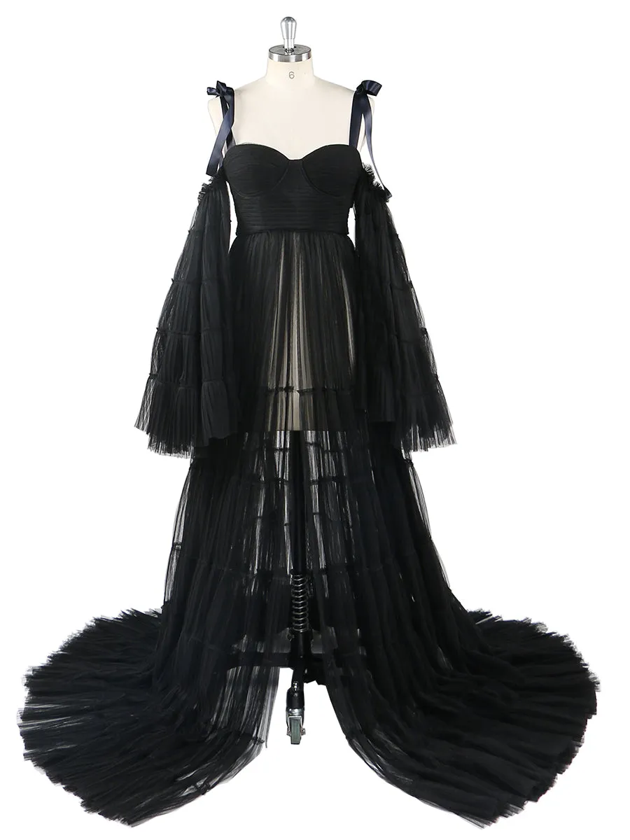 Pleated Tulle Maternity Dress for Photo Shoots Big Flare Sleeves Photoshoot Dresses for Ladies YEWEN YW21025