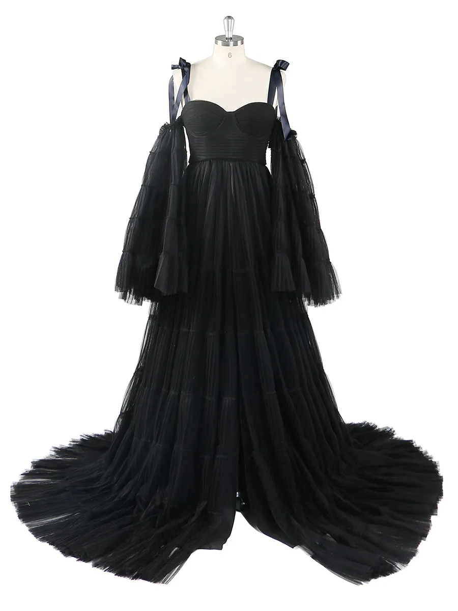 Pleated Tulle Maternity Dress for Photo Shoots Big Flare Sleeves Photoshoot Dresses for Ladies YEWEN YW21025