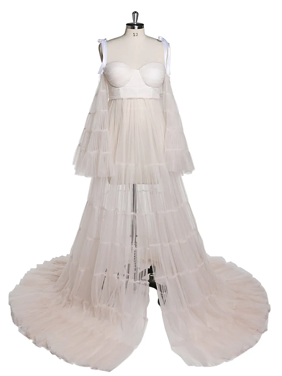 Pleated Tulle Maternity Dress for Photo Shoots Big Flare Sleeves Photoshoot Dresses for Ladies YEWEN YW21025