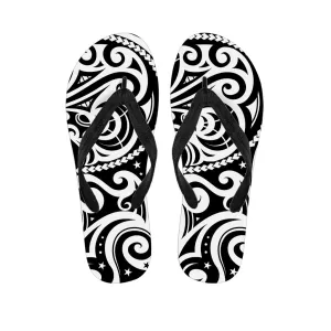 Polynesian Paradise: Black and White Hawaiian Tattoo Flip Flops