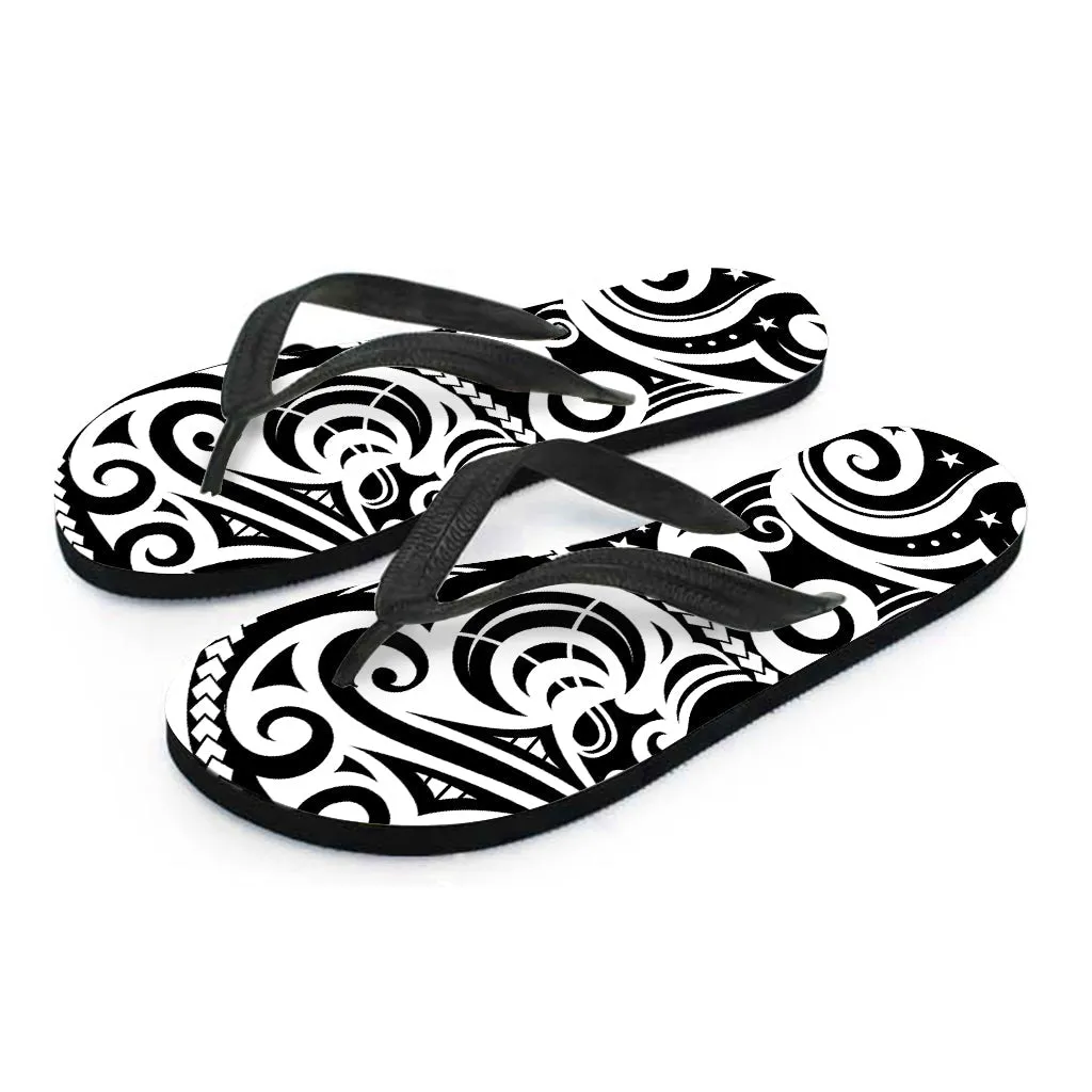 Polynesian Paradise: Black and White Hawaiian Tattoo Flip Flops