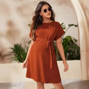 Pregnant Woman Bat Sleeve Waist Tied Dress Pregnant Women Solid Color Lace Up Round Neck Dress Women Casual Dress