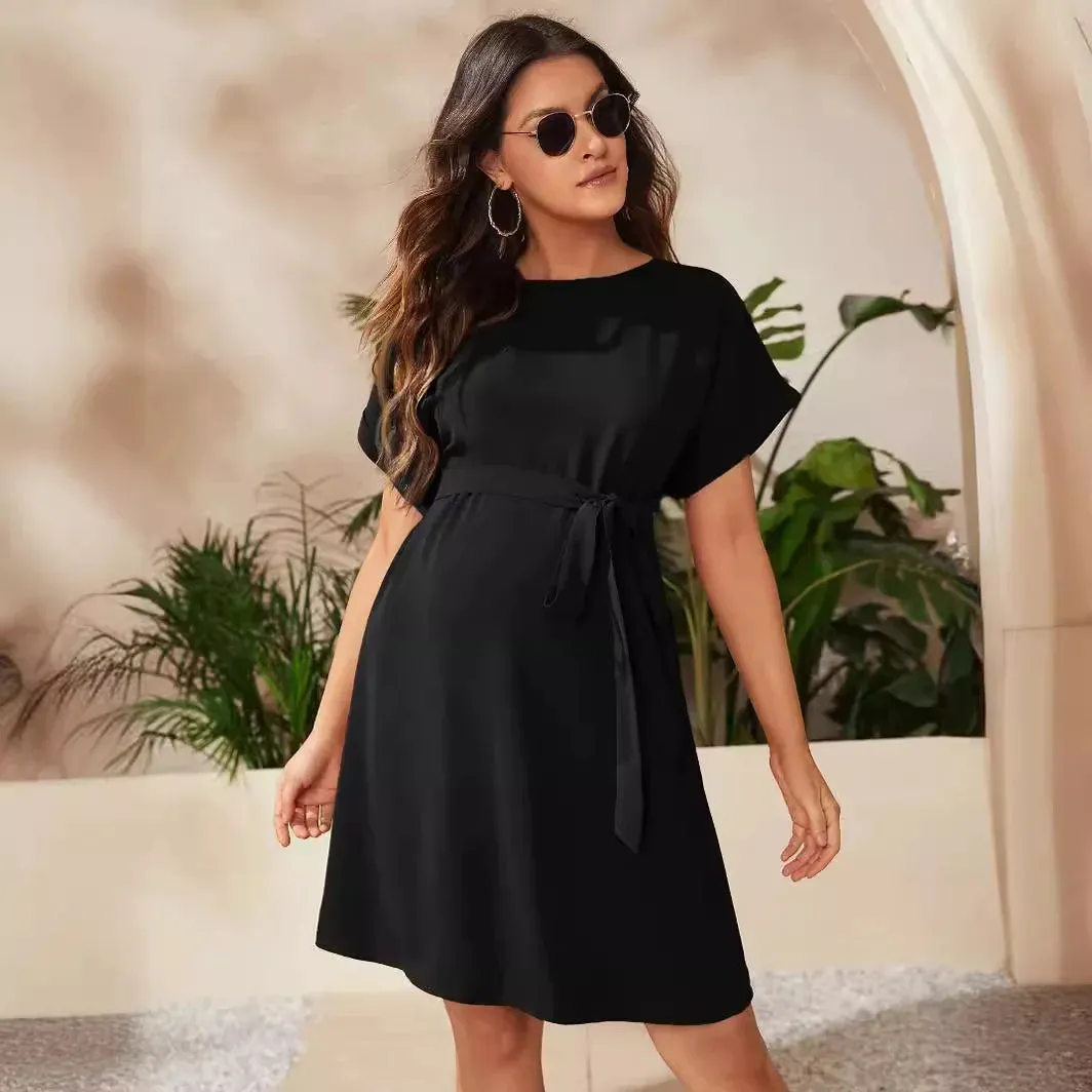 Pregnant Woman Bat Sleeve Waist Tied Dress Pregnant Women Solid Color Lace Up Round Neck Dress Women Casual Dress