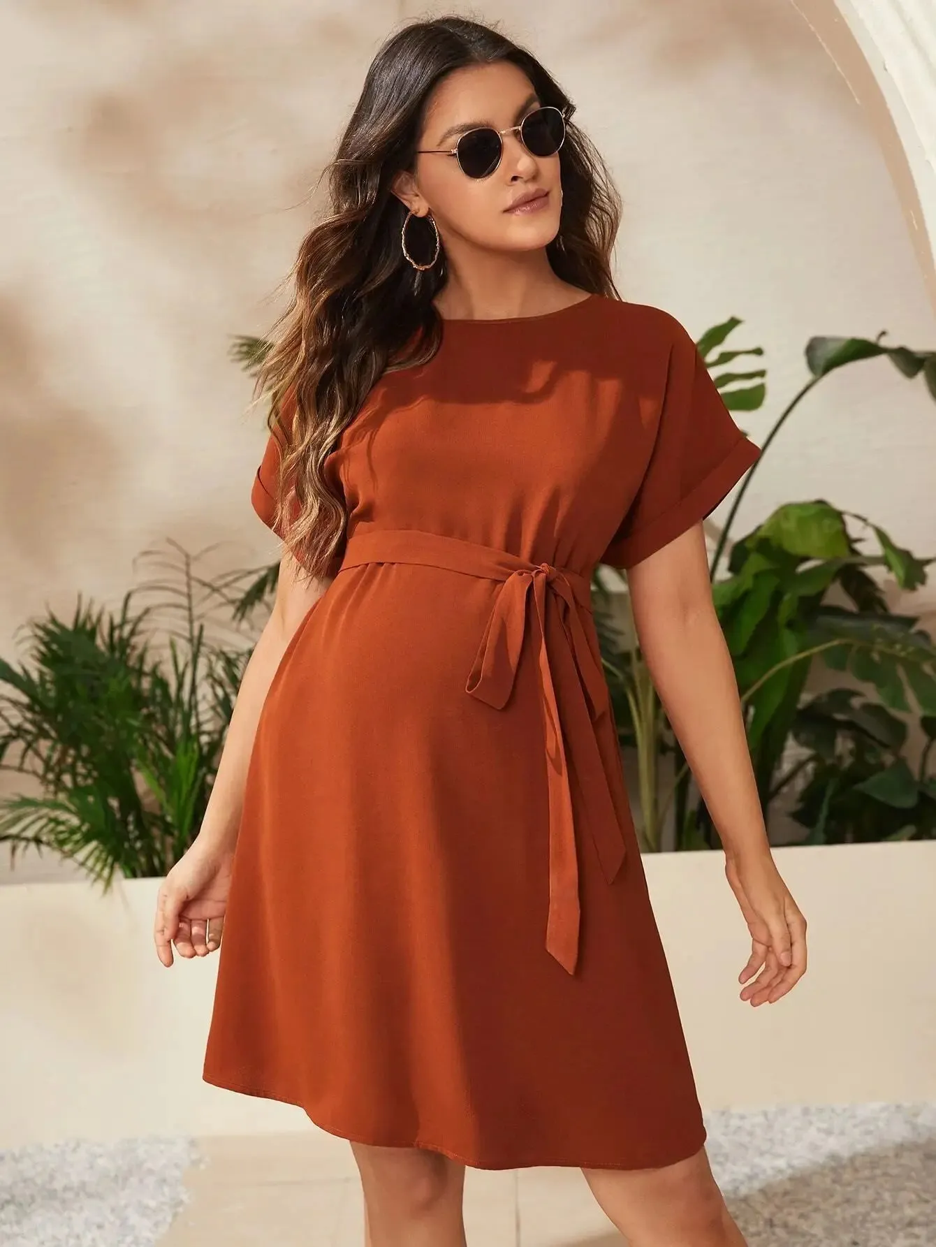 Pregnant Woman Bat Sleeve Waist Tied Dress Pregnant Women Solid Color Lace Up Round Neck Dress Women Casual Dress