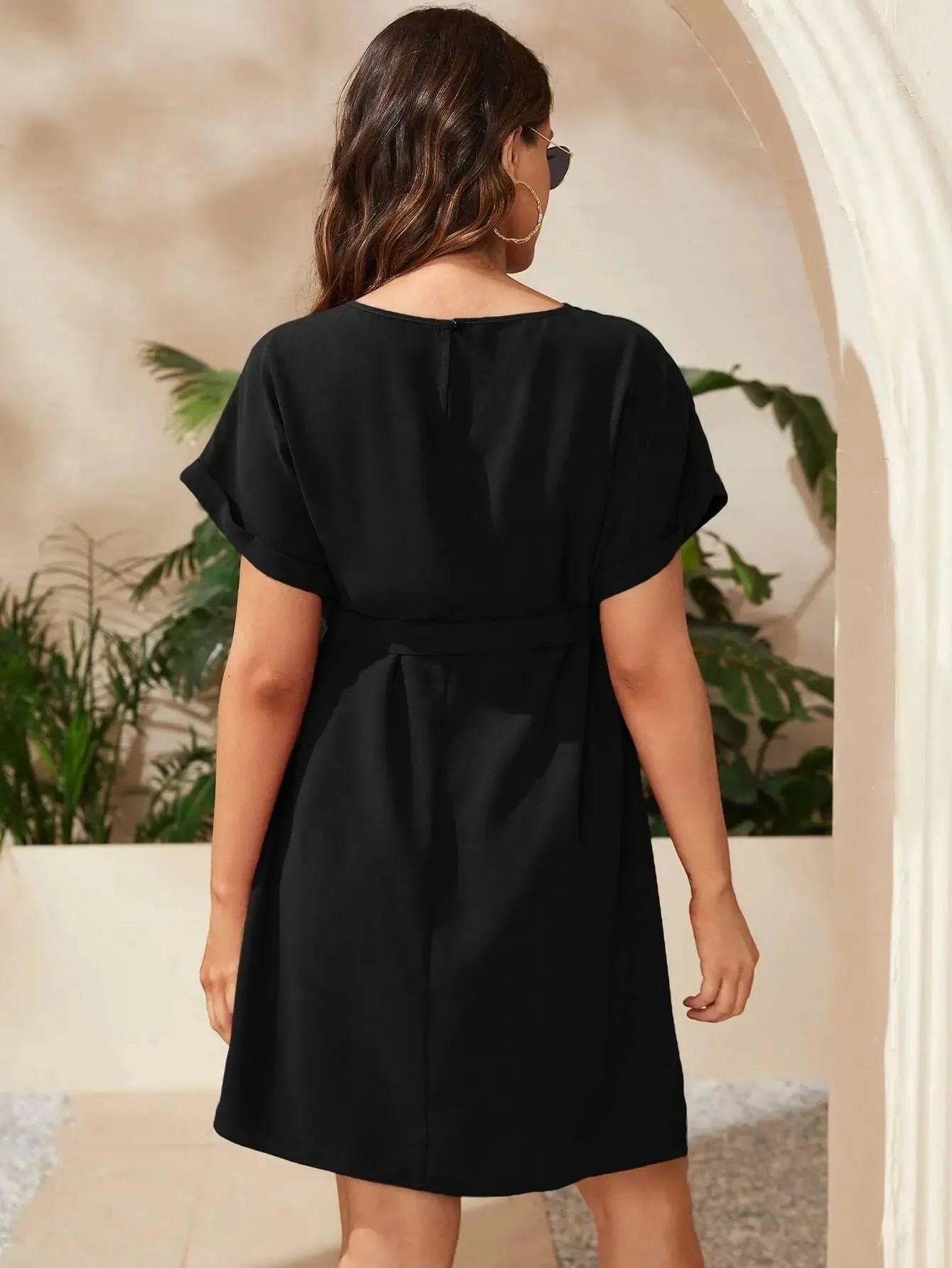 Pregnant Woman Bat Sleeve Waist Tied Dress Pregnant Women Solid Color Lace Up Round Neck Dress Women Casual Dress