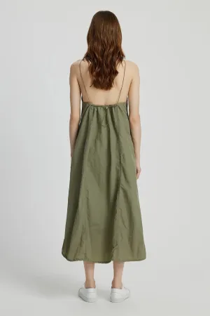 RAELYNN Halter Midi Parachute Dress W/ Toggle Drawstring Back & Hem (Moss Green)