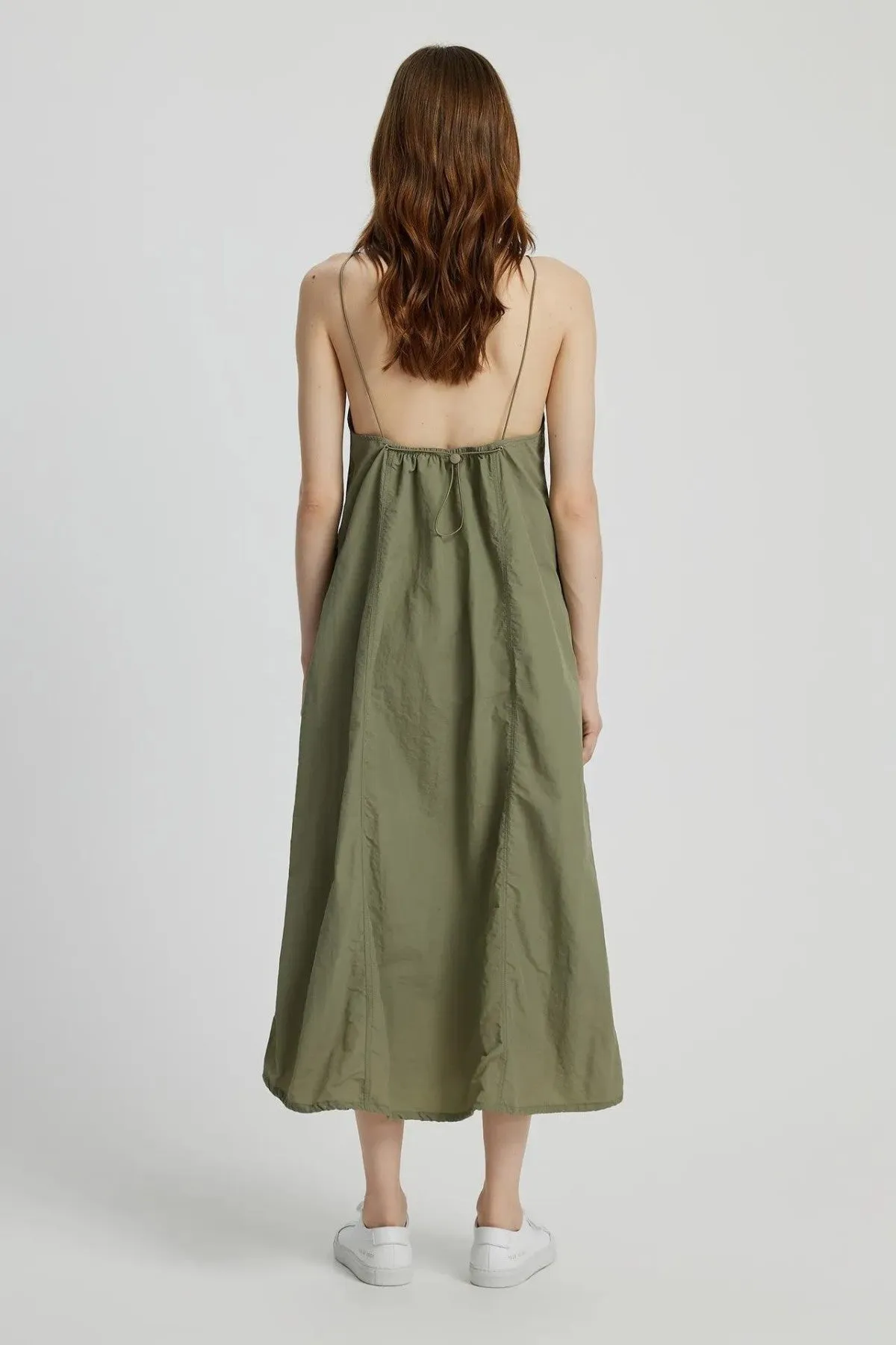 RAELYNN Halter Midi Parachute Dress W/ Toggle Drawstring Back & Hem (Moss Green)