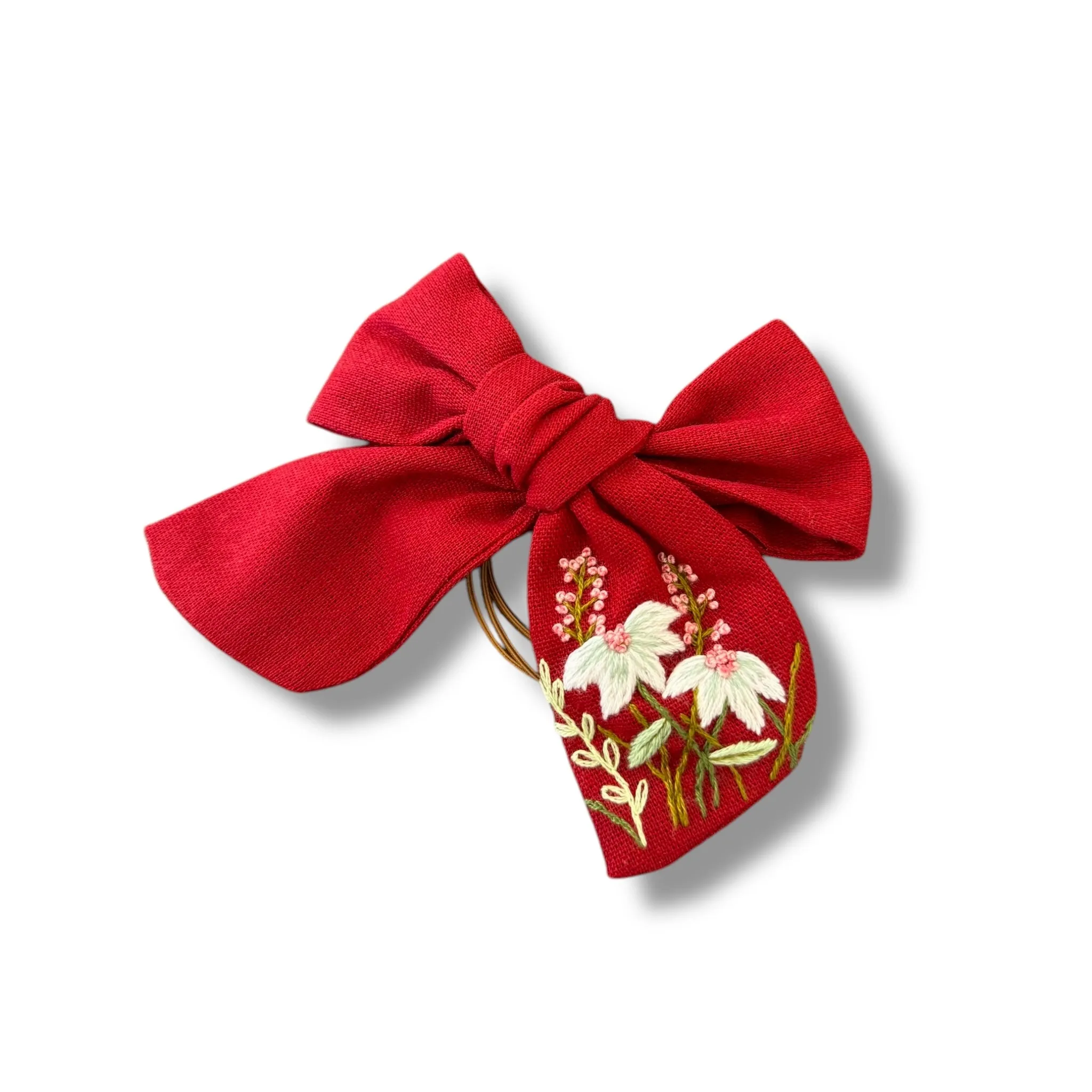 Red Flower Hand Embroidery Hair Bow