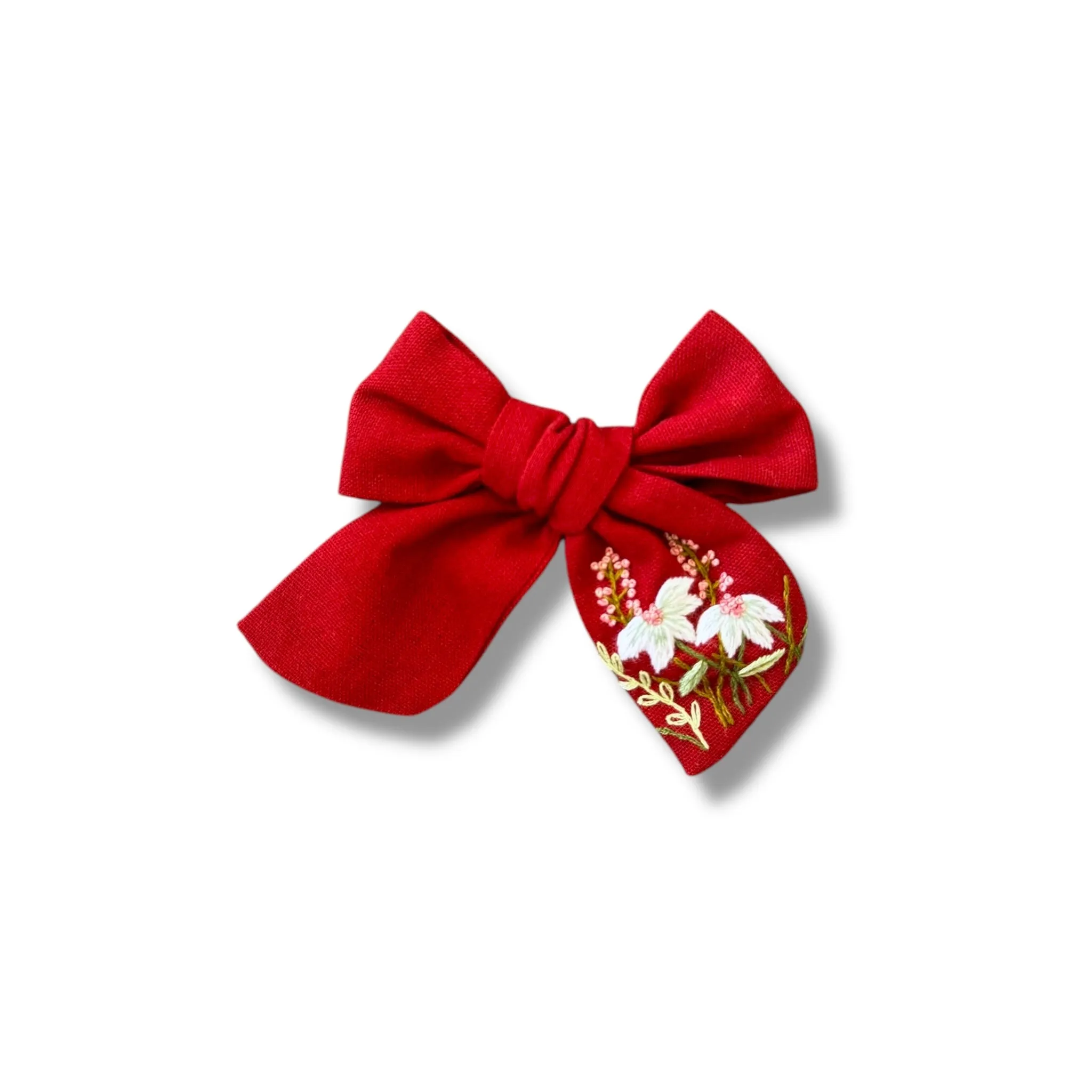 Red Flower Hand Embroidery Hair Bow