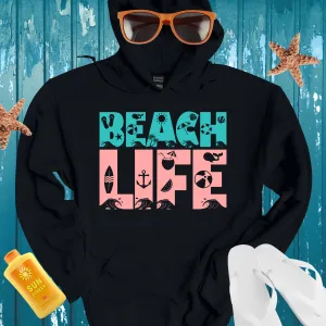 Retro Beach Life Hoodie Turquoise Coral Pink Design