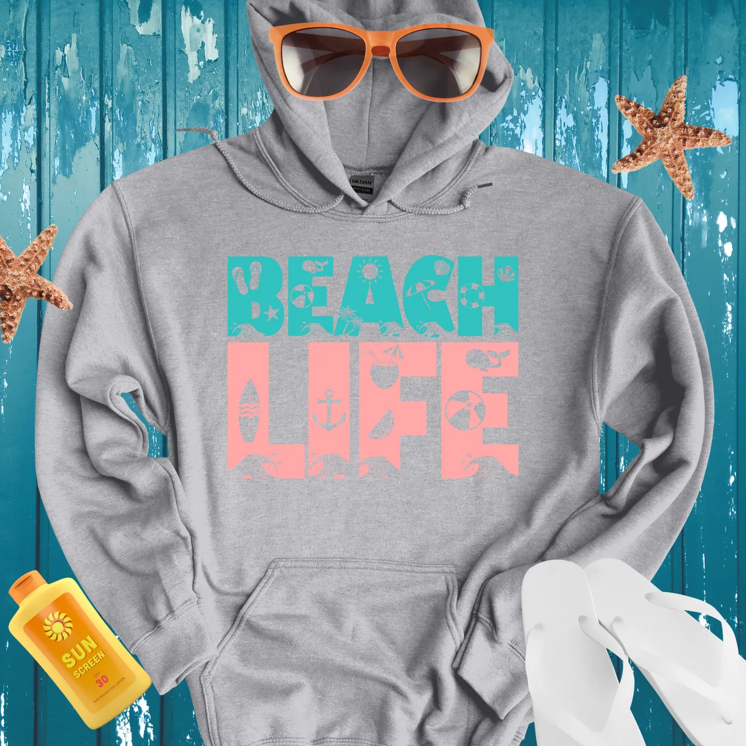 Retro Beach Life Hoodie Turquoise Coral Pink Design