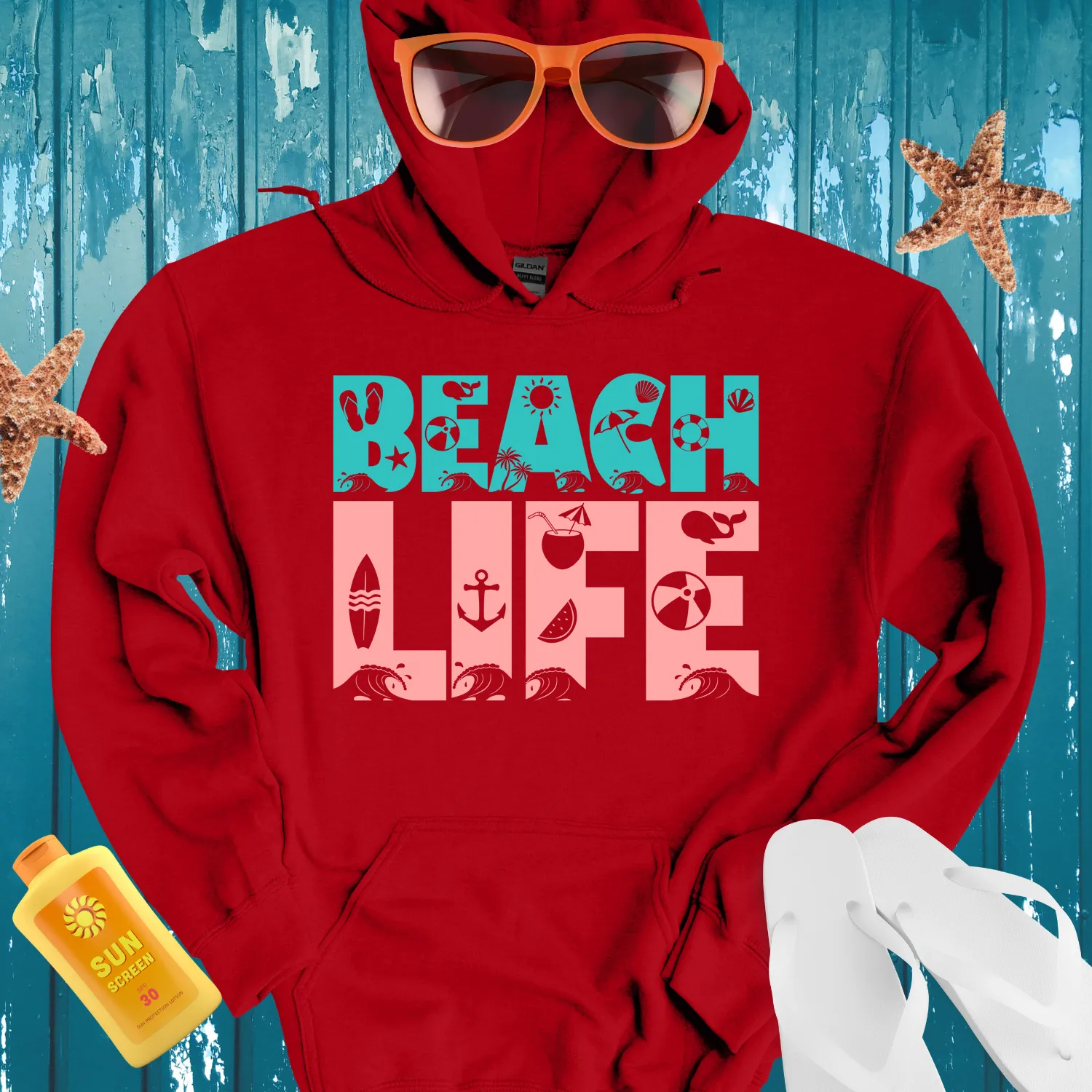Retro Beach Life Hoodie Turquoise Coral Pink Design