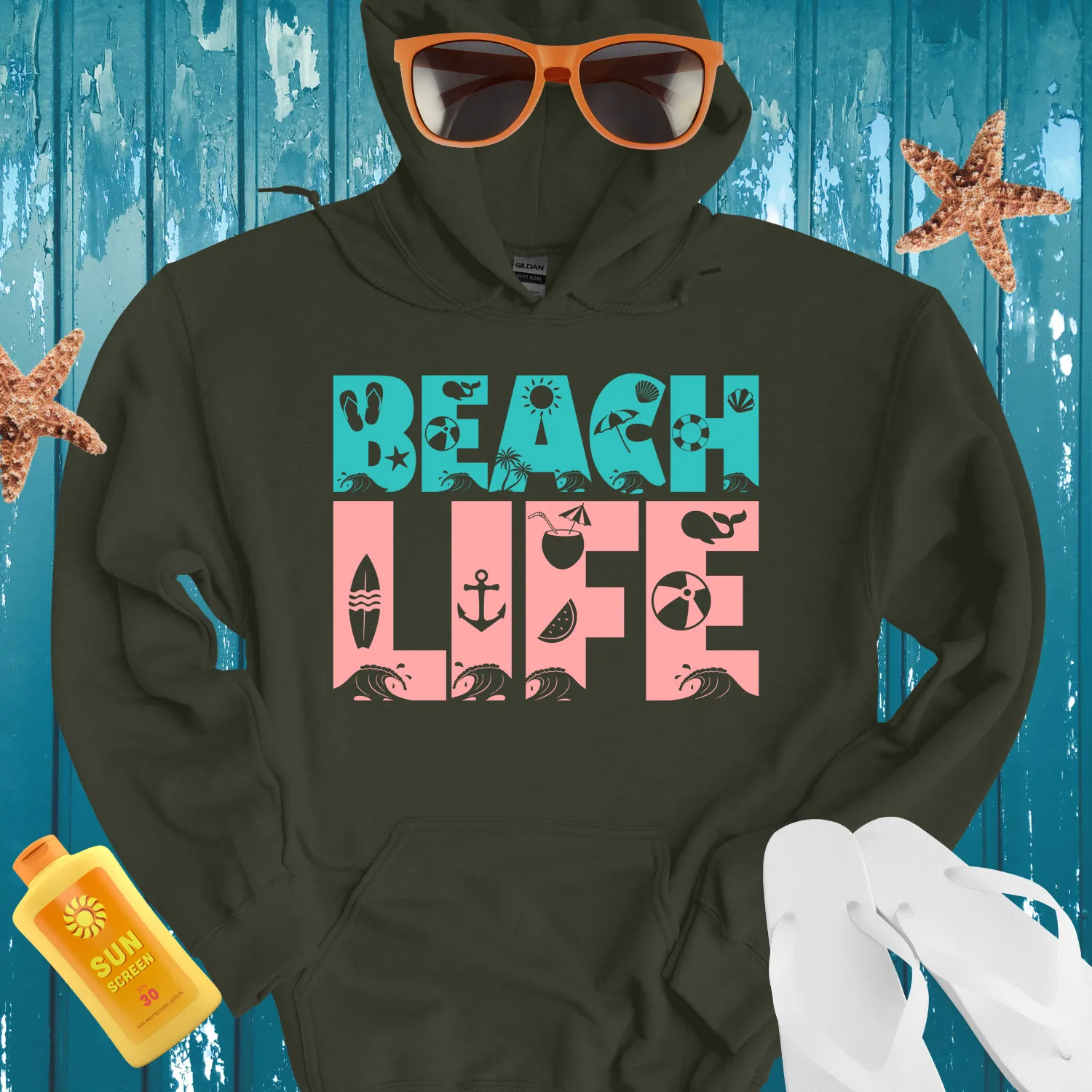 Retro Beach Life Hoodie Turquoise Coral Pink Design