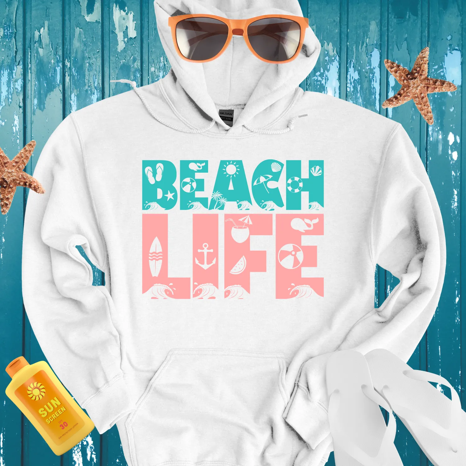 Retro Beach Life Hoodie Turquoise Coral Pink Design
