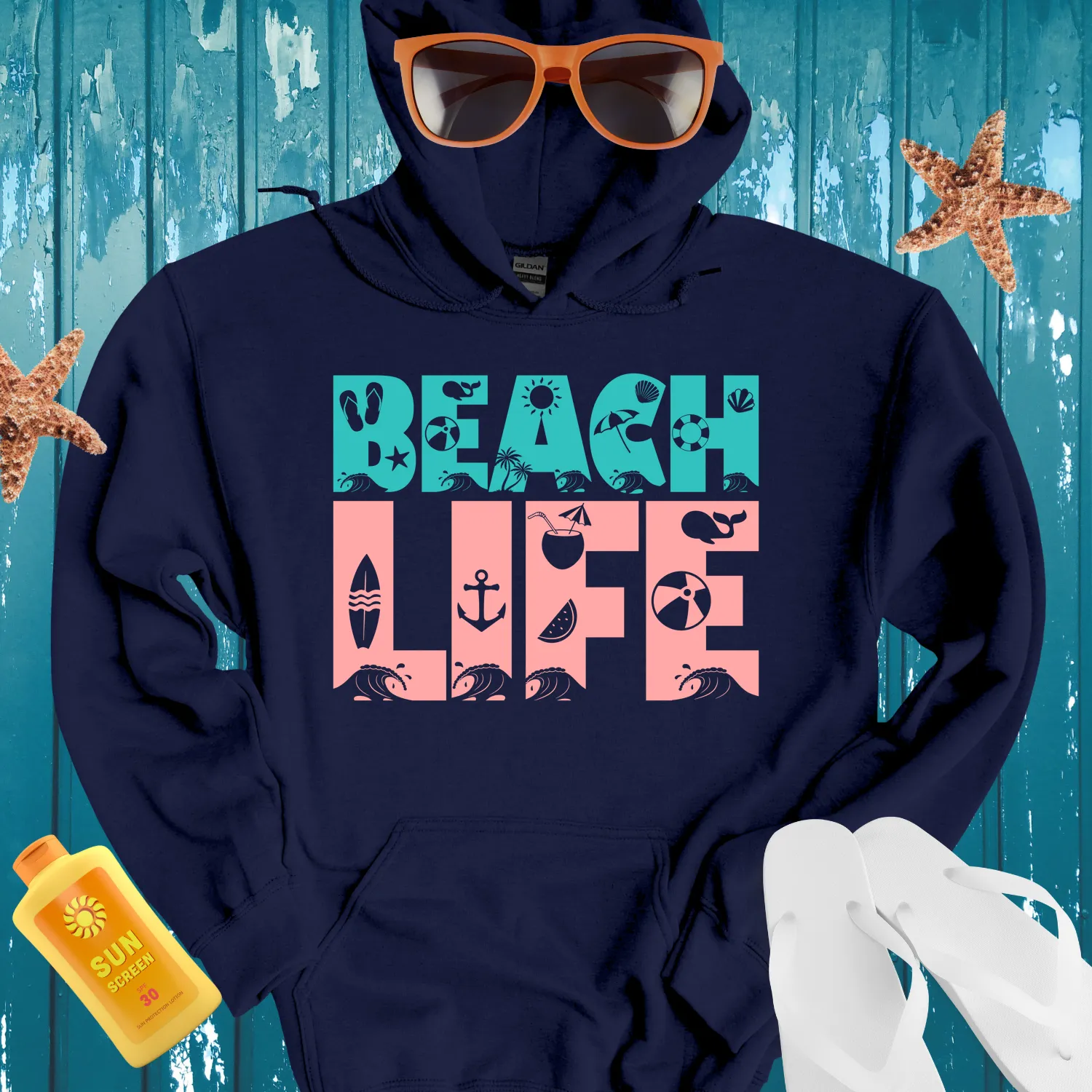 Retro Beach Life Hoodie Turquoise Coral Pink Design