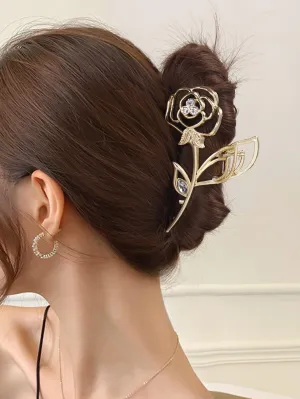 Rhinestone Decor Flower Design Hair Claw - Gold