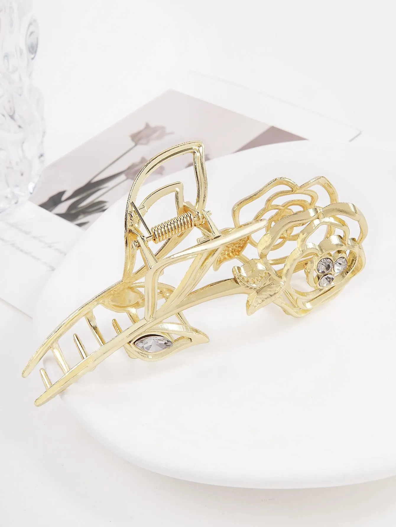 Rhinestone Decor Flower Design Hair Claw - Gold