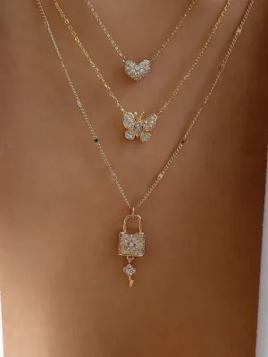 Rhinestone Heart Layered Necklace - Gold