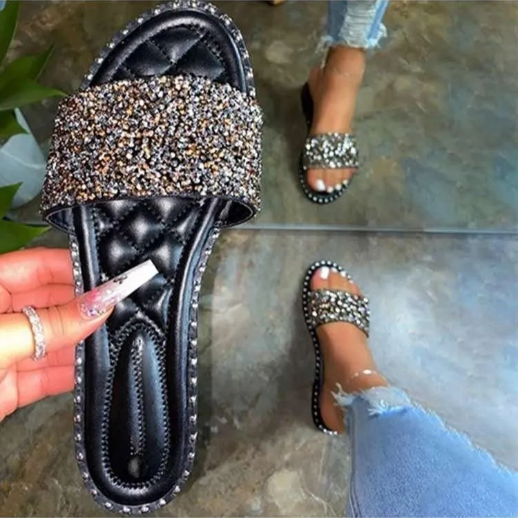 Rhinestone Open Toe Flat Sandals