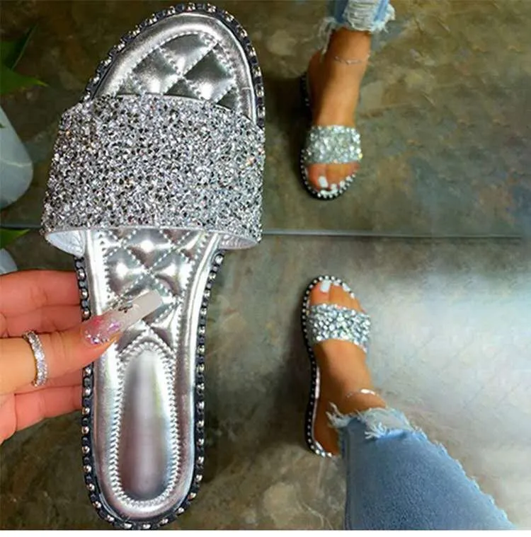 Rhinestone Open Toe Flat Sandals