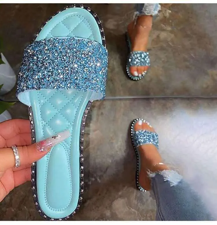 Rhinestone Open Toe Flat Sandals