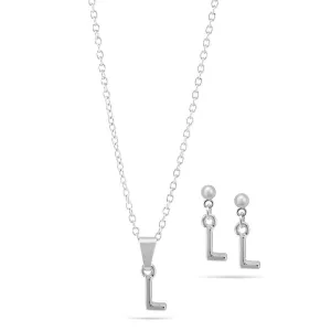 RHODIUM "L" SMALL PENDANT SHORT NECKLACE AND EARRINGS SET #SWKK-11768LRHO (TB3)