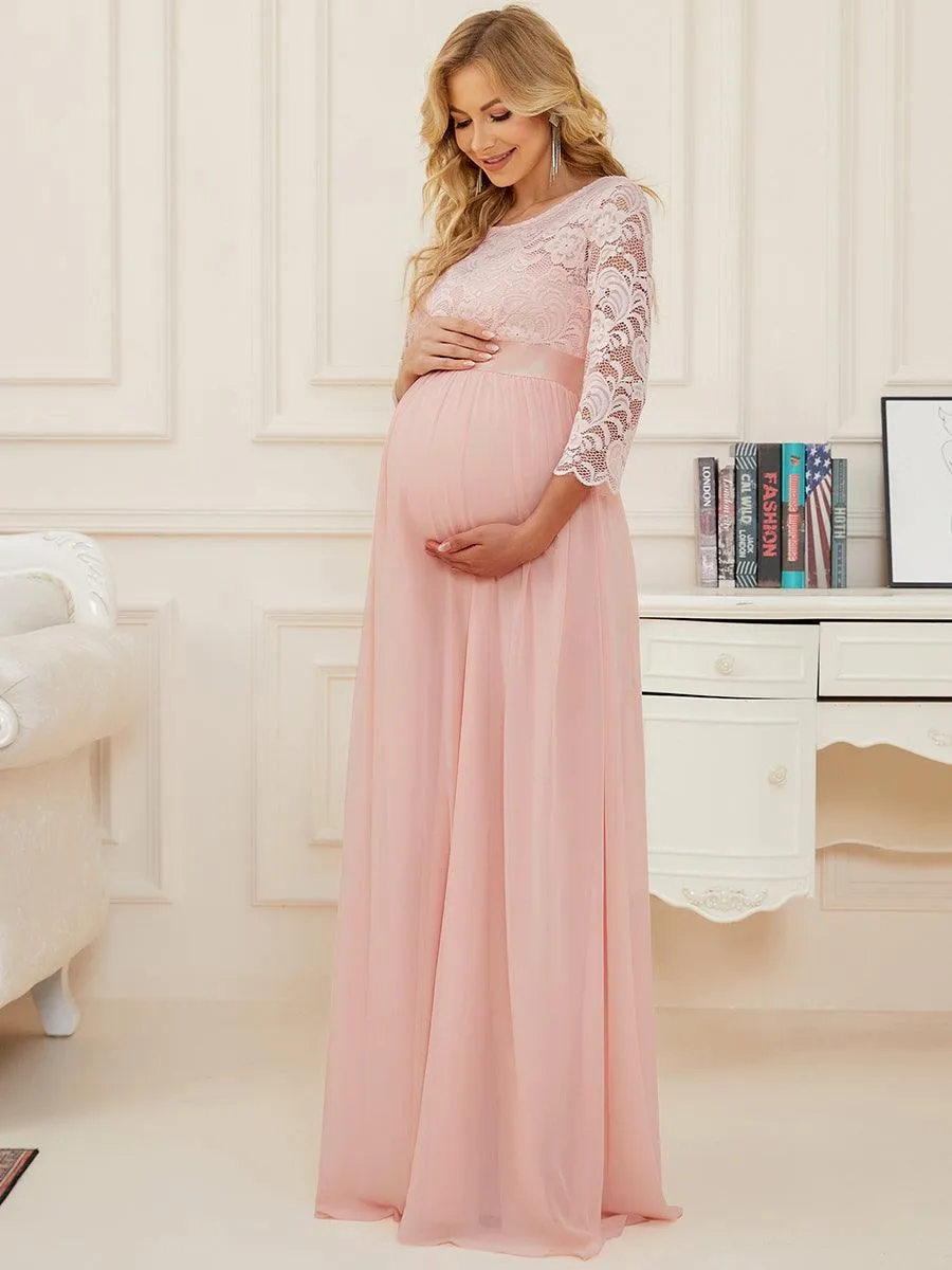 Robe de soirée glamour à demi-manches col rond et dos brodé pour maternité
