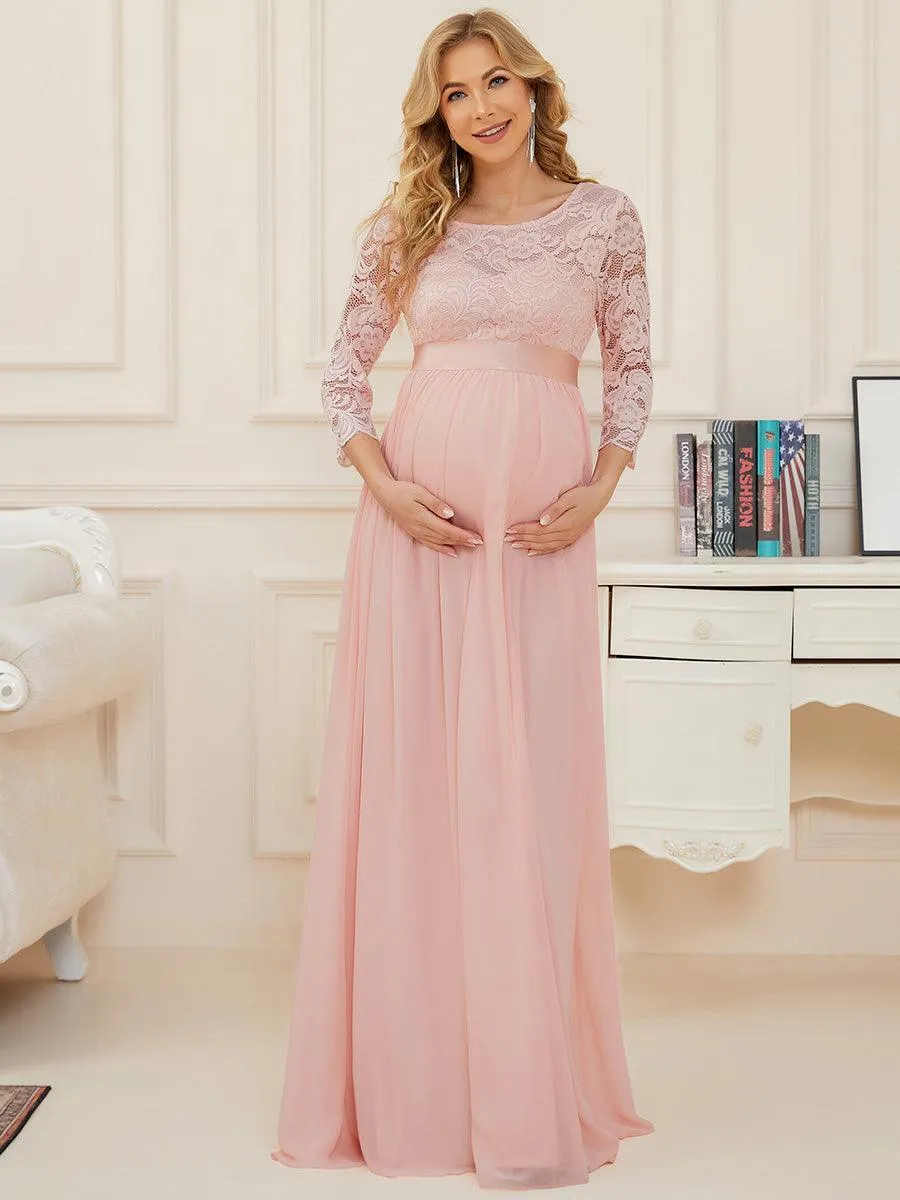 Robe de soirée glamour à demi-manches col rond et dos brodé pour maternité