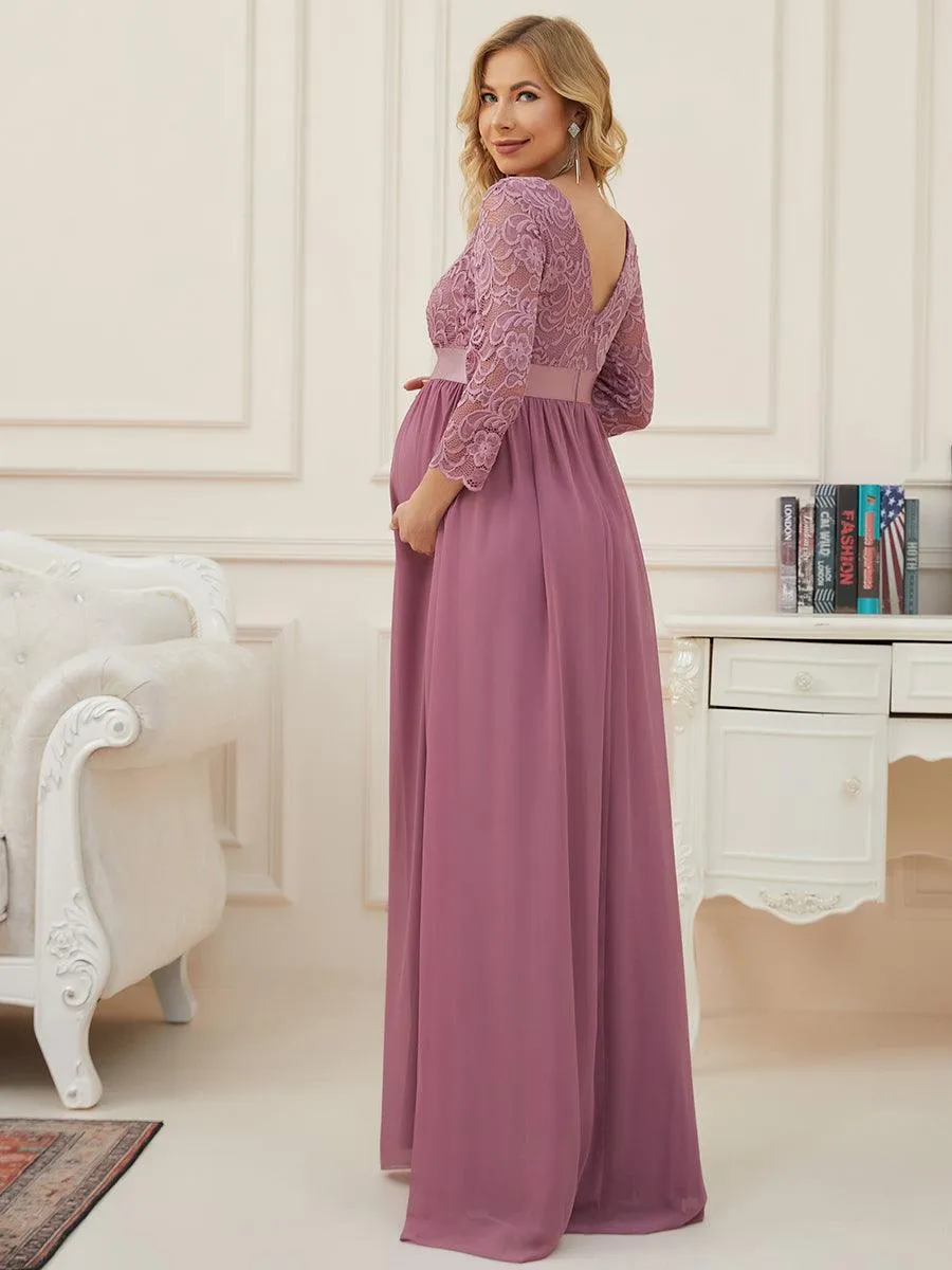 Robe de soirée glamour à demi-manches col rond et dos brodé pour maternité