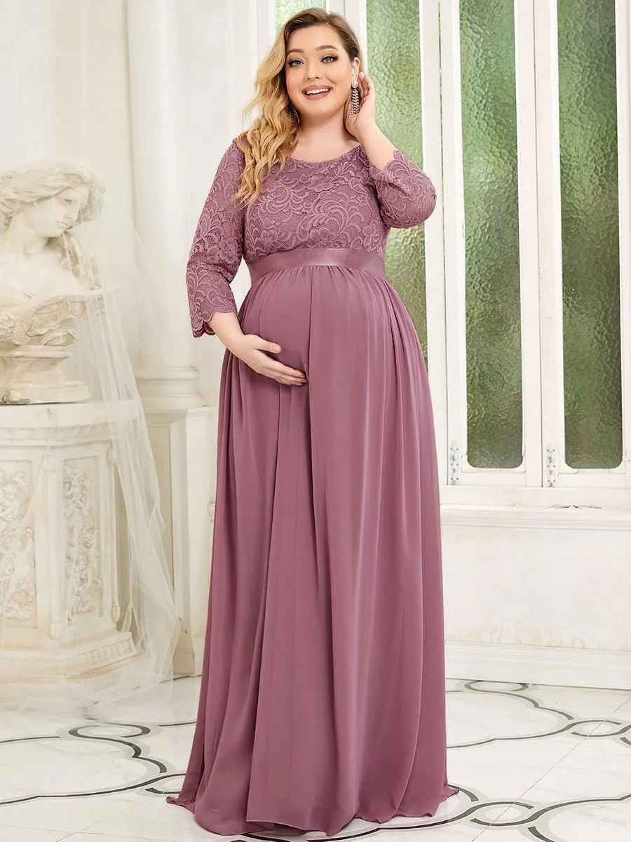 Robe de soirée glamour à demi-manches col rond et dos brodé pour maternité